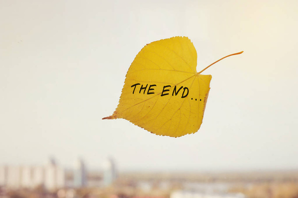 Желтый опавший лист с ярлыком Сентябрь прилип к окну
 - Фото, изображение