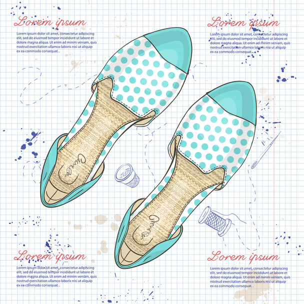 Vector color womens polka-dot pointy toe flats on a notebook page - Vector, Image