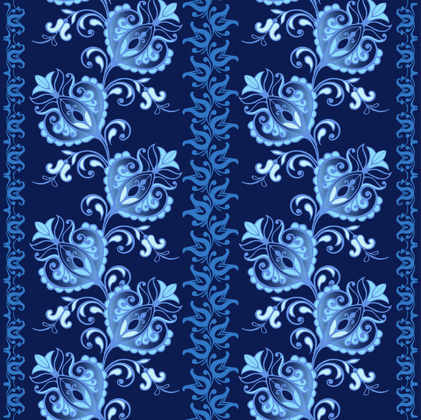 Fantastic blue flowers, striped ornament. Floral wallpaper. Decorative ornament for fabric, textile, wrapping paper - Vector, Imagen