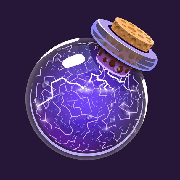Bottle of Electricity. Game icon of magic elixir. Interface for rpg or match3 game. Energy, lightning, electric. Big variant. - Vector, Image