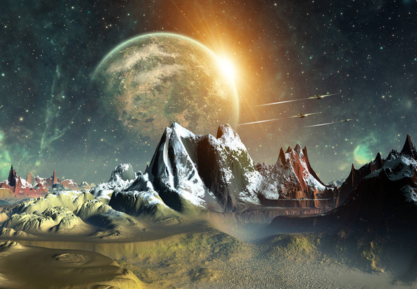 τρισδιάστατη απεικόνιση του ένα εξωγήινο πλανήτη φαντασίας - 3d απεικόνιση - Φωτογραφία, εικόνα