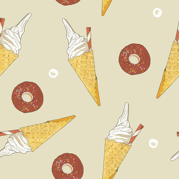 ice-cream cone and donut seamless pattern vector. - Vektor, kép