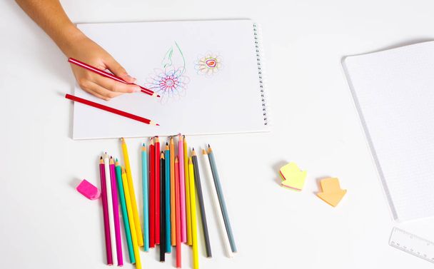 Menina desenhando uma flor colorida primeira pessoa
 - Foto, Imagem