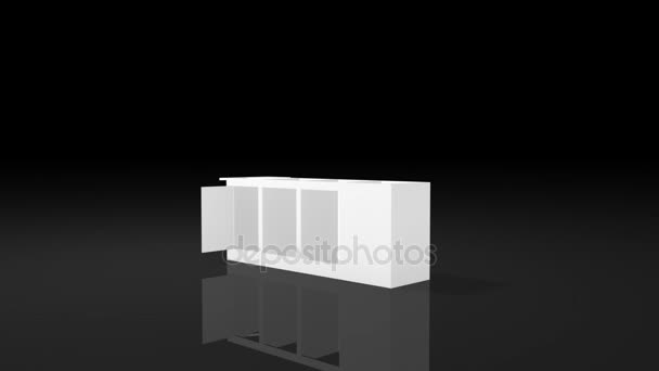 3D animation της κατασκευής κομμάτι από το κομμάτι του ένα λευκό εκθεσιακό stand τετράγωνο σχήμα σχεδίασης με ανοιχτή πόρτα σε μαύρο φόντο - Πλάνα, βίντεο