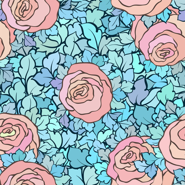 florales nahtloses Muster mit Rosen und Blättern, ornamentale komplizierte Blüten und Blumen, handgezeichneter künstlerischer Hintergrund, perfekt für Textildesign oder Tapete - Vektor, Bild