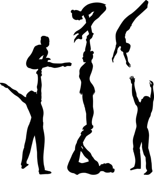 akrobatyczne stunt. Gimnastyków, akrobatów wektor czarna sylwetka. Gimnastycy akrobaci wektor - Wektor, obraz