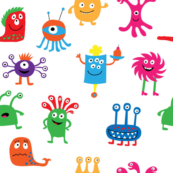 Cute seamless pattern with different cheerful monsters - Vecteur, image