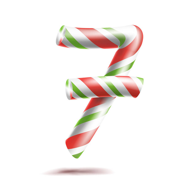 7, numara yedi vektör. 3D sayı işareti. Noel renklerde Şekil 7. Kırmızı, beyaz, yeşil şeritli. Klasik Xmas nane sert şeker kamışı. Yeni yıl tasarım. Beyaz illüstrasyon izole - Vektör, Görsel