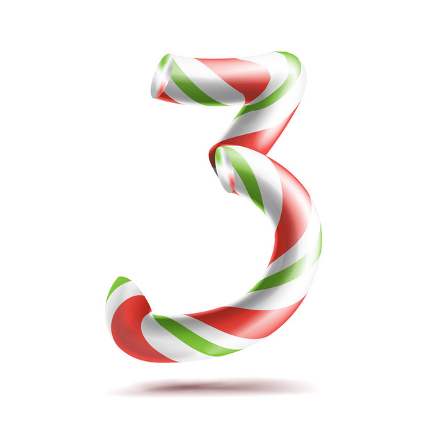 3, üç vektör numara. 3D sayı işareti. Şekil 3'te Noel renkler. Kırmızı, beyaz, yeşil şeritli. Klasik Xmas nane sert şeker kamışı. Yeni yıl tasarım. Beyaz illüstrasyon izole - Vektör, Görsel
