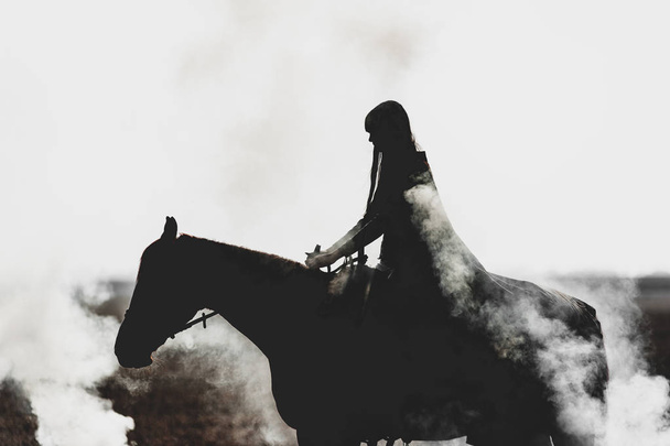 Hermosa silueta de una chica que monta un caballo a través del espeso humo sobre un fondo blanco
 - Foto, imagen