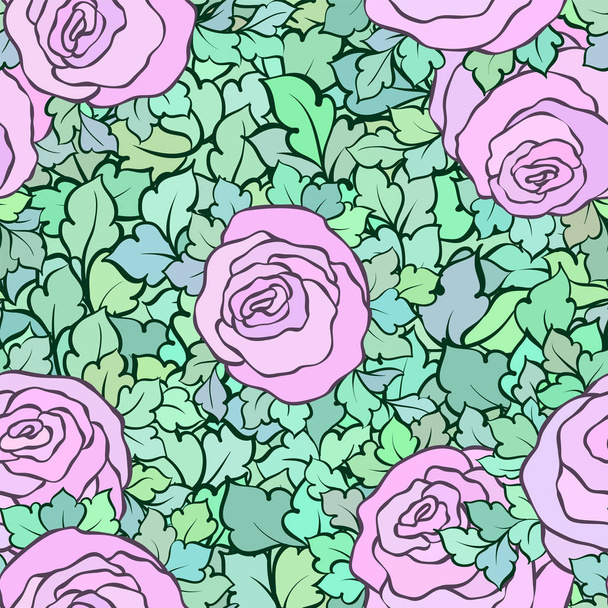 Цветочный бесшовный узор с розами и листьями, декоративные замысловатые цветки и цветы, художественный фон ручной работы, идеально подходит для текстильного дизайна или обоев
 - Вектор,изображение