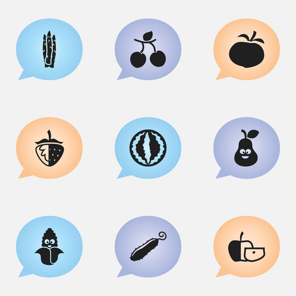 Sada 9 upravitelné nádobí ikon. Obsahuje symboly jako rajče, hruška, meruňka a další. Lze použít pro webové, mobilní, Ui a infografika Design. - Vektor, obrázek