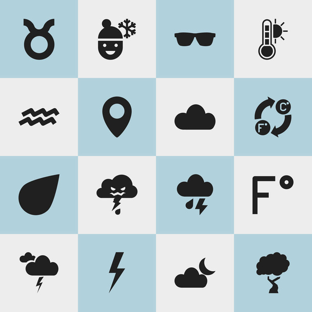 Σύνολο των 16 εικονίδια επεξεργάσιμο κλίμα. Περιλαμβάνει σύμβολα όπως η κλίμακα θερμοκρασίας, συννεφιασμένη μέρα, καταιγίδες και πολλά άλλα. Μπορεί να χρησιμοποιηθεί για Web, Mobile, Ui και σχεδίασης γραφήματος. - Διάνυσμα, εικόνα