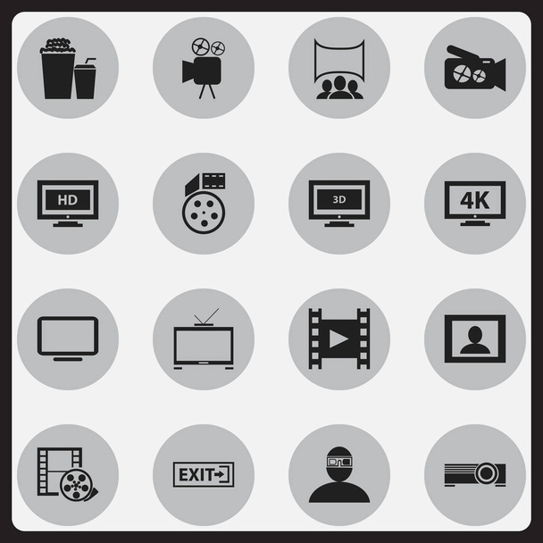 編集可能な映画館の 16 のアイコンのセットです。ドリンク、Hd テレビ、画面などの記号が含まれています。ウェブ、モバイル、Ui とインフォ グラフィック デザインに使用することができます。. - ベクター画像