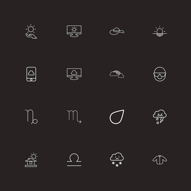 Conjunto de 16 iconos de contorno climático editables. Incluye símbolos como gafas de sol, peces, monitor y más. Puede ser utilizado para el diseño de la tela, móvil, interfaz de usuario e infografía
. - Vector, imagen