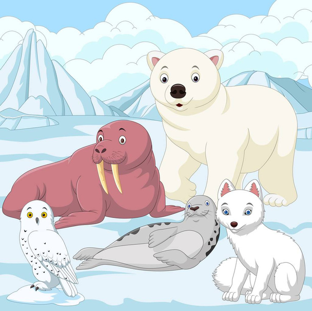 Αρκτικά ζώα κινουμένων σχεδίων με φόντο το πεδίο πάγου - Διάνυσμα, εικόνα