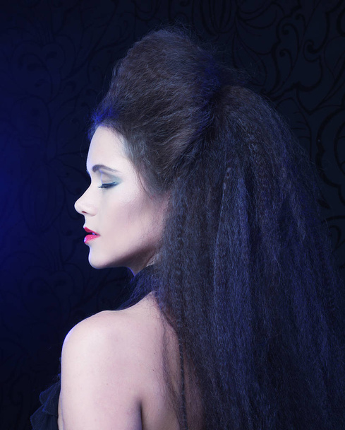 Young brunette woman with high hair and bright make up, gothic - Foto, Bild