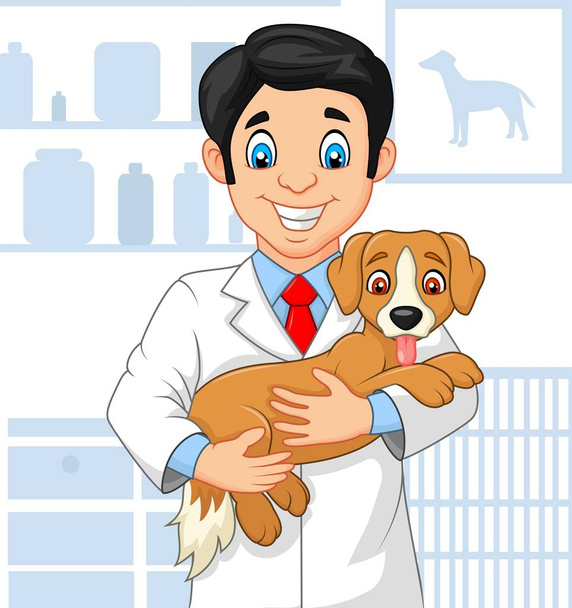 Cartoon veterinarian doctor examining a puppy - Vector, Image