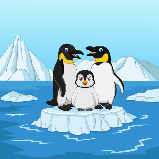 Γελοιογραφία χαρούμενος πιγκουίνος οικογένειας στέκεται στο παγετώνας πάγο - Διάνυσμα, εικόνα