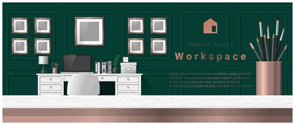 Εσωτερικό σχεδιασμό με επιτραπέζια και σύγχρονου γραφείου χώρο εργασίας φόντου, διάνυσμα, εικονογράφηση - Διάνυσμα, εικόνα