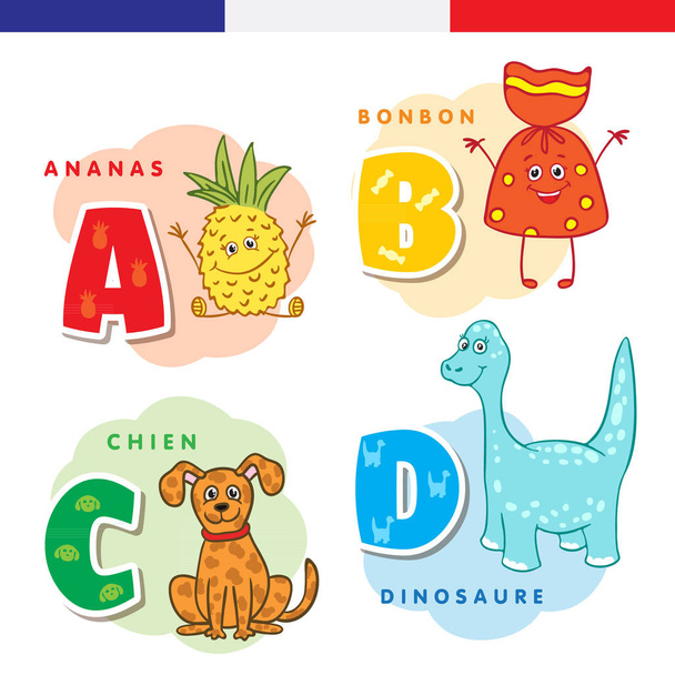Γαλλική αλφάβητο. Γλυκό, σκύλος, ανανά, δεινόσαυρος. Διάνυσμα γράμματα και οι χαρακτήρες - Διάνυσμα, εικόνα