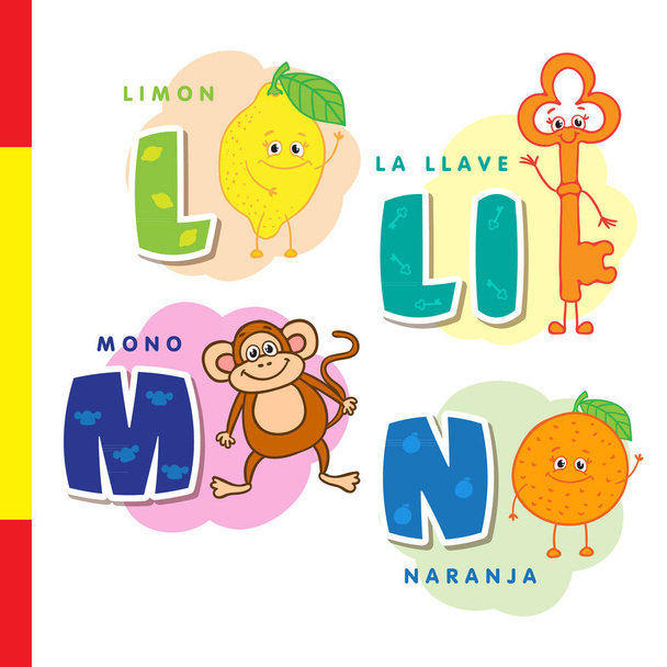 Das spanische Alphabet. Zitrone, Schlüssel, Affe, Orange. Vektorbuchstaben und Zeichen. - Vektor, Bild