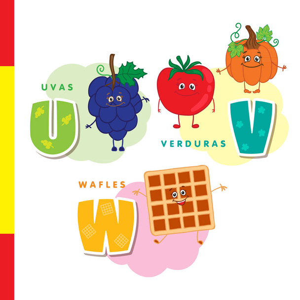 Das spanische Alphabet. Trauben, Gemüse, Waffeln. Vektorbuchstaben und Zeichen. - Vektor, Bild