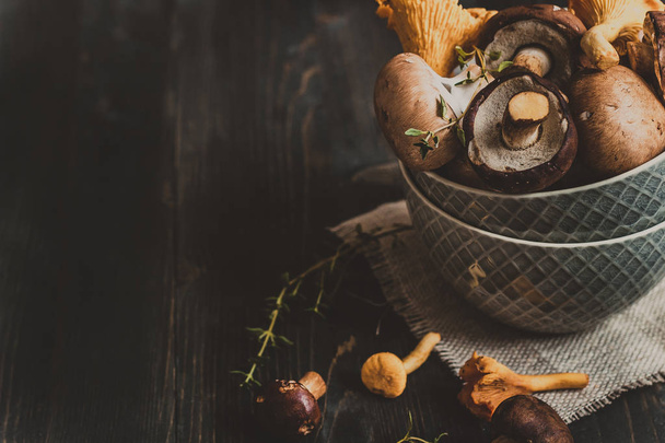 Fresh mixed forest mushrooms on the wooden black table - Foto, afbeelding