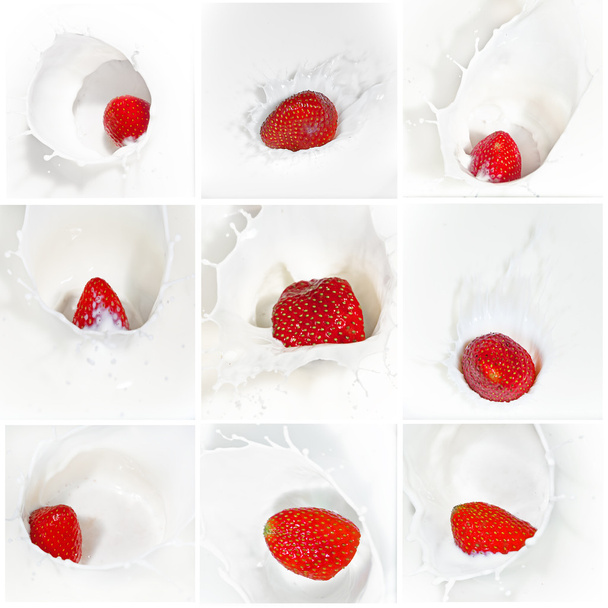The strawberry falling in milk - Foto, afbeelding
