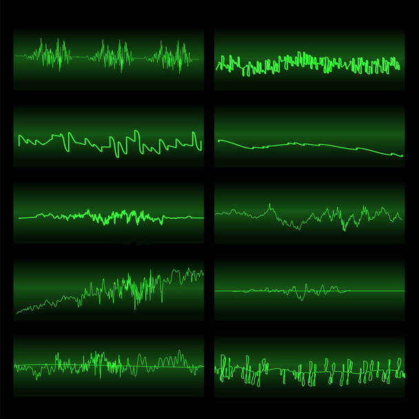 Grüne Schallwellen setzen ein. Bildschirm des Equalizers - Vektor, Bild