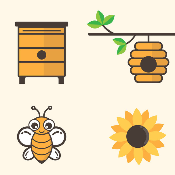 μέλισσα κινουμένων σχεδίων σπιτιών με μέλισσα και λουλούδι - Διάνυσμα, εικόνα