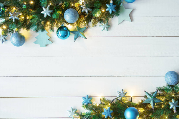 Turquoise Christmas Banner, Frame, Bokeh, Fir Branches, Copy Space - Photo, Image