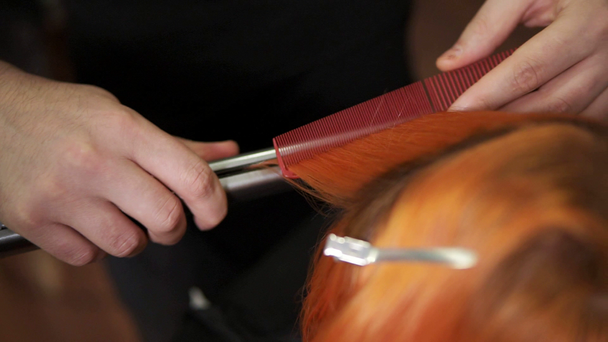 Vue rapprochée des femmes rousses cheveux étant redressés par un coiffeur professionnel à l'aide d'un lisseur dans le salon de coiffure. Coup de ralenti
 - Séquence, vidéo