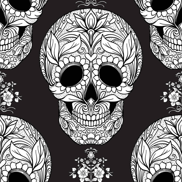 Seamless pattern, background with sugar  skull and floral patter - Вектор, зображення