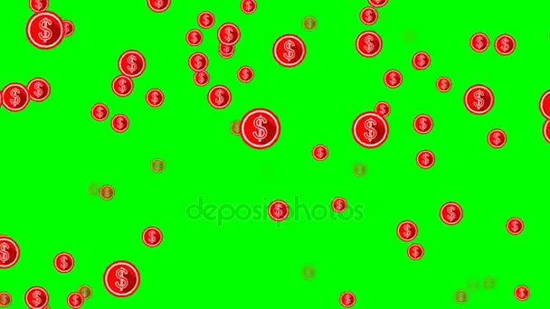 fliegende Dollars, rote Kreisformen mit amerikanischem Dollarsymbol auf grünem Bildschirm - Filmmaterial, Video
