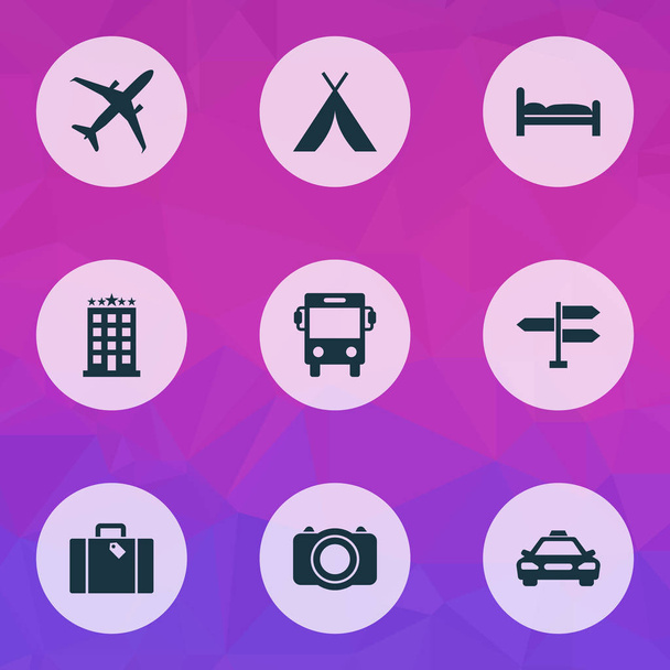 Set di icone in viaggio. Collezione di auto, borsa, cabina e altri elementi. Include anche simboli come taxi, Valise, Galleria
. - Vettoriali, immagini