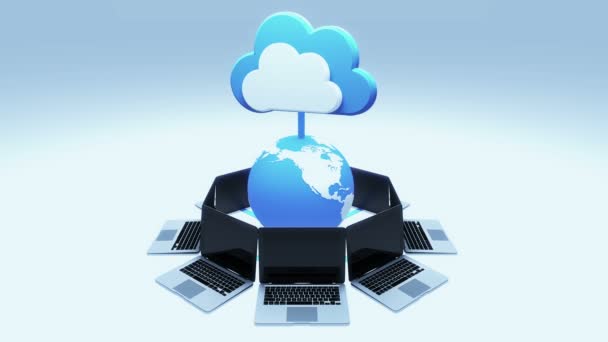 4k, ενημερωμένη έκδοση το ενημερωτικό σύννεφο, περιστροφή γης και laptop, Cloud Computing έννοια - Πλάνα, βίντεο