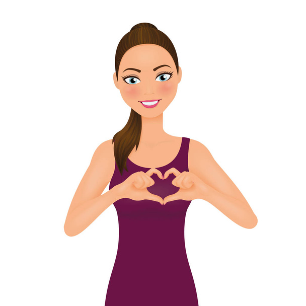 Young smiling woman make heart by the hands. In Love, relationship concept. Vector character. - Vector, Image
