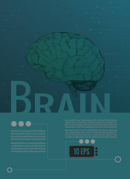 3D απεικόνιση εγκεφάλου wireframe πράσινο γραφικό διάταξη - Διάνυσμα, εικόνα