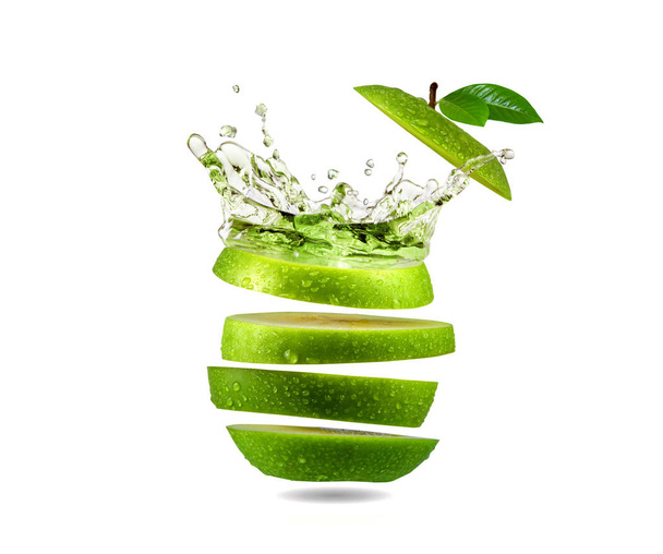 Stříkající vodě řezu zelené jablko, ovoce - Fotografie, Obrázek