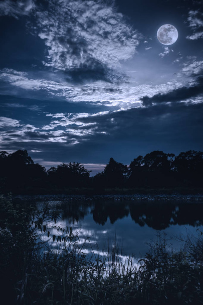 Céu com lua escura nublada e cheia acima de silhuetas de árvores e lago tranquilo
.  - Foto, Imagem