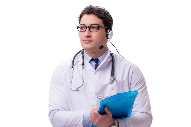 Молодий лікар з гарнітурою телефону ізольований на білому
 - Фото, зображення