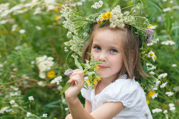 Küçük kız bir çayır üzerinde çiçekler burnunu çekmek, - Fotoğraf, Görsel