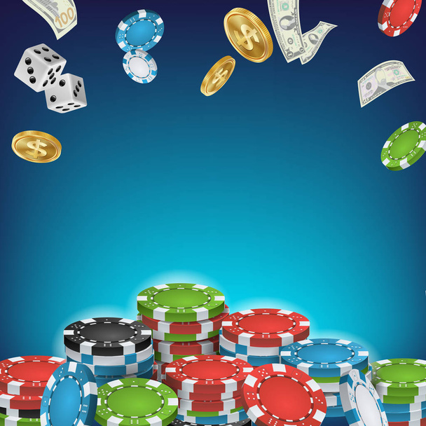 Online Casino Poster Vector. Poker Gambling Casino Sign. Bright Chips, Flying Dollar Coins, Banknotes Explosion. Winner Concept. Jackpot Billboard, Marketing Luxury Illustration. - Vektör, Görsel