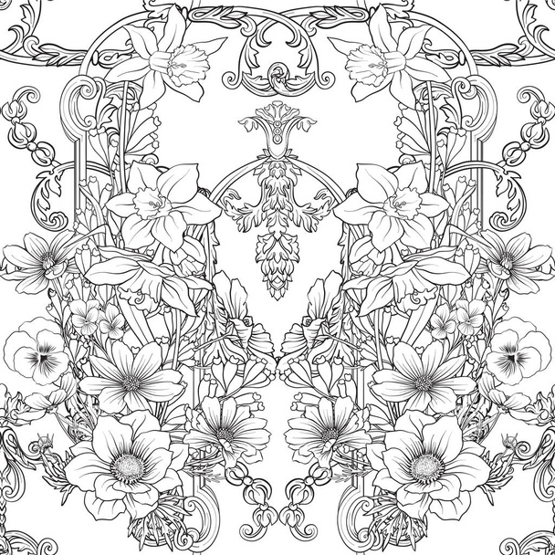 Seamless pattern with daffodils, anemones, violets in botanical - Vektor, obrázek