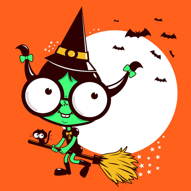 Little Halloween witch flying with broom - Vector, Image