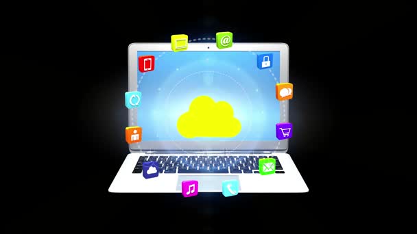 4 k, internet koncepcja, ikony usług online, media społeczne wokół cloud komputera. - Materiał filmowy, wideo