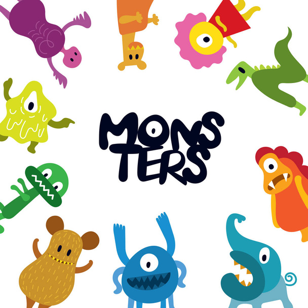niedlichen Monster Zeichentrickfiguren Rahmen - Vektor, Bild