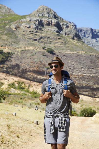 Happy hiker walking from mountain - Foto, Imagem