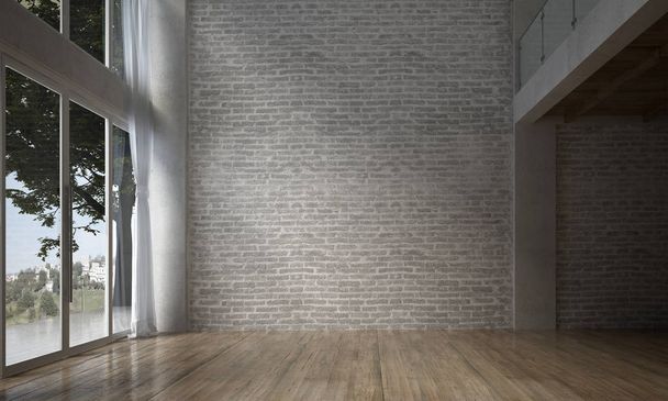 La conception intérieure de la chambre vide et le salon et le fond de texture de mur de briques
 - Photo, image